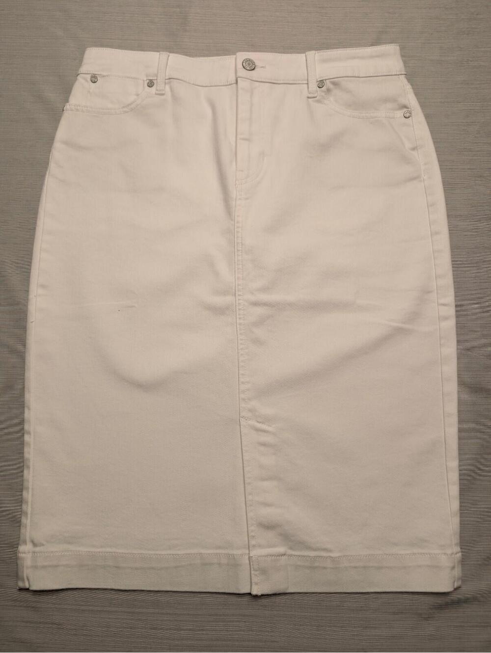 NWT Talbots White Pencil Midi Stretch Denim Jean Skirt Split Front Size 10